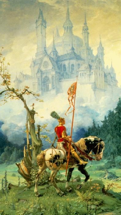 Knight on a hors riding by a misty castle on a high hill